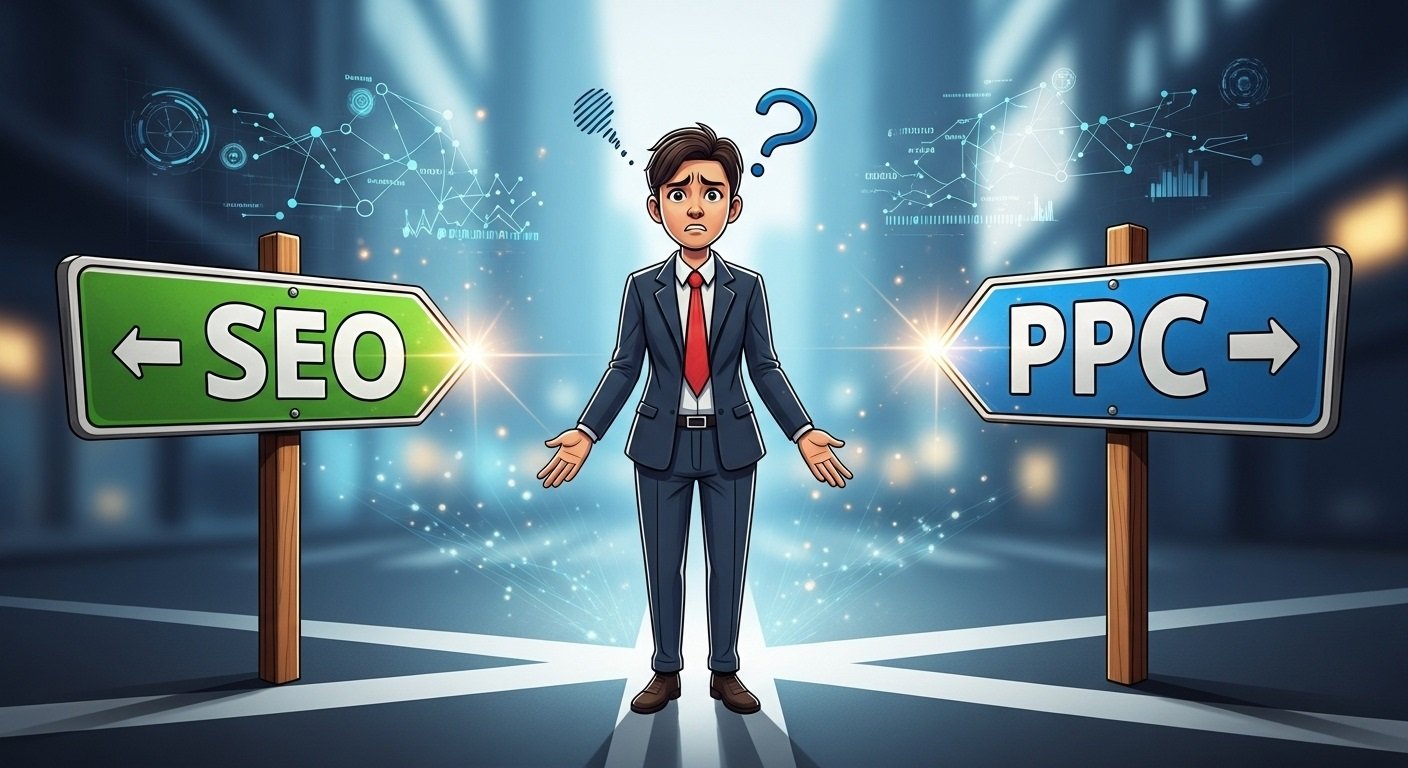 Split screen with SEO and PPC icons